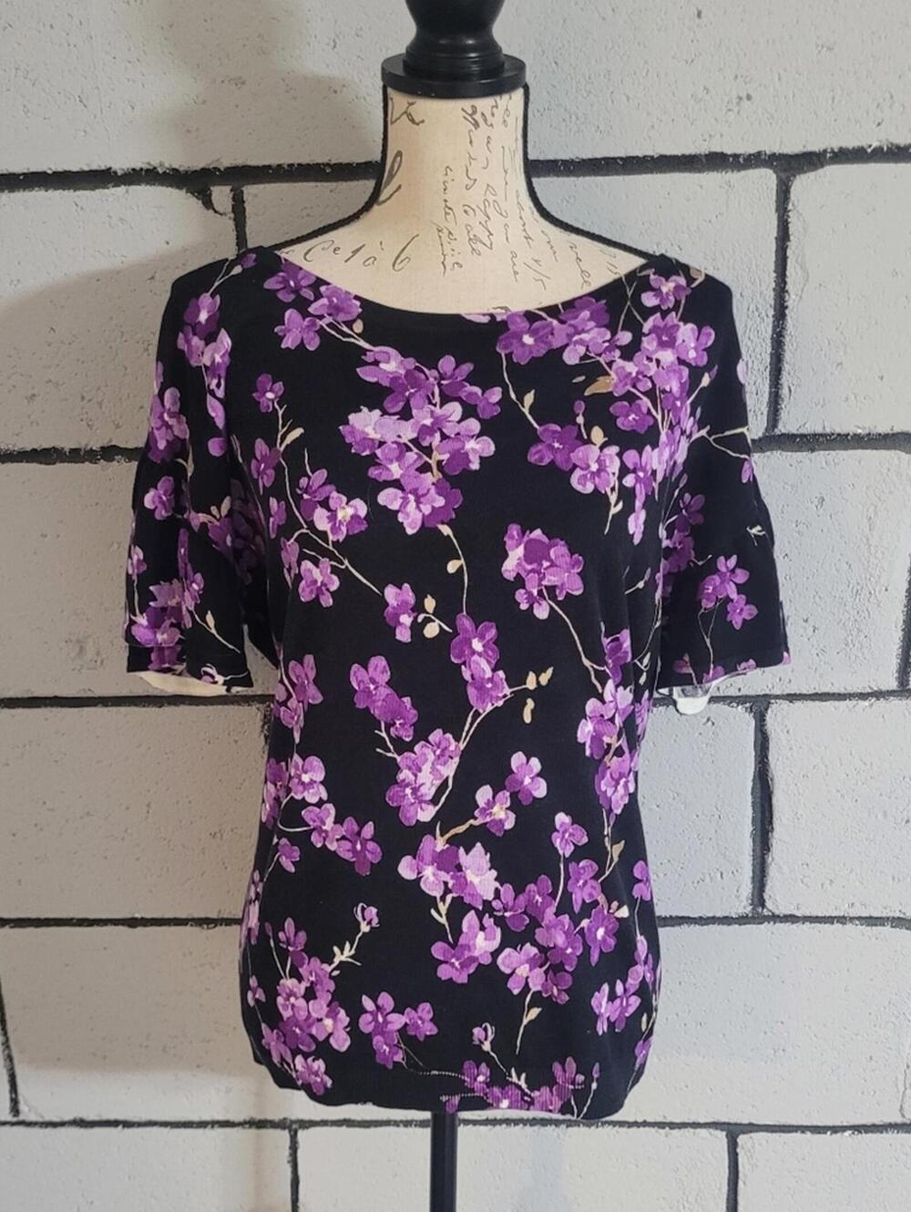 BUNDLE SALE!  TALBOTS Floral Black & Purple Short-sleeved Sweater Sz L